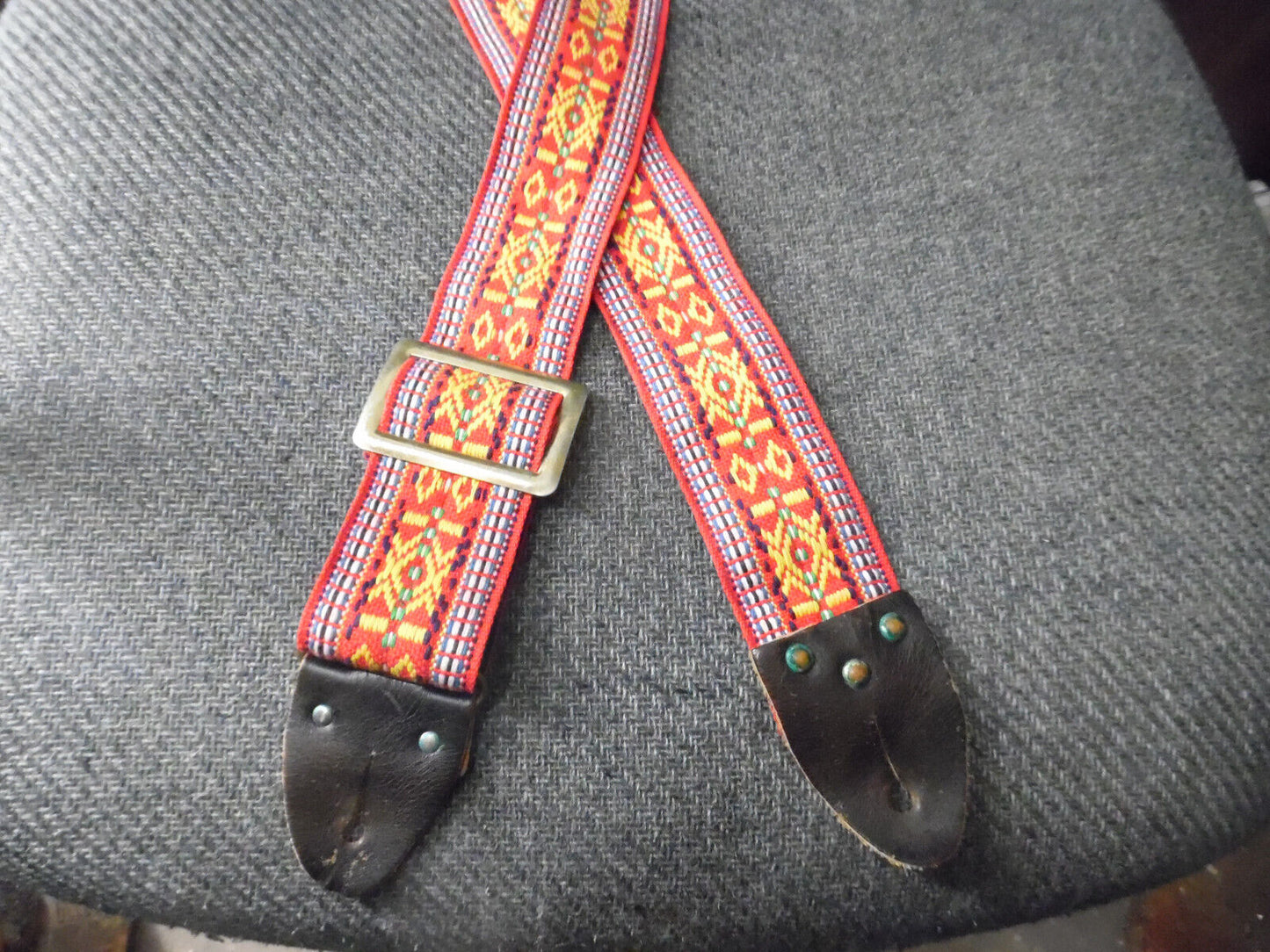 Vintage Hippie Woven Guitar Strap with Metal Buckle Leather ends Ace