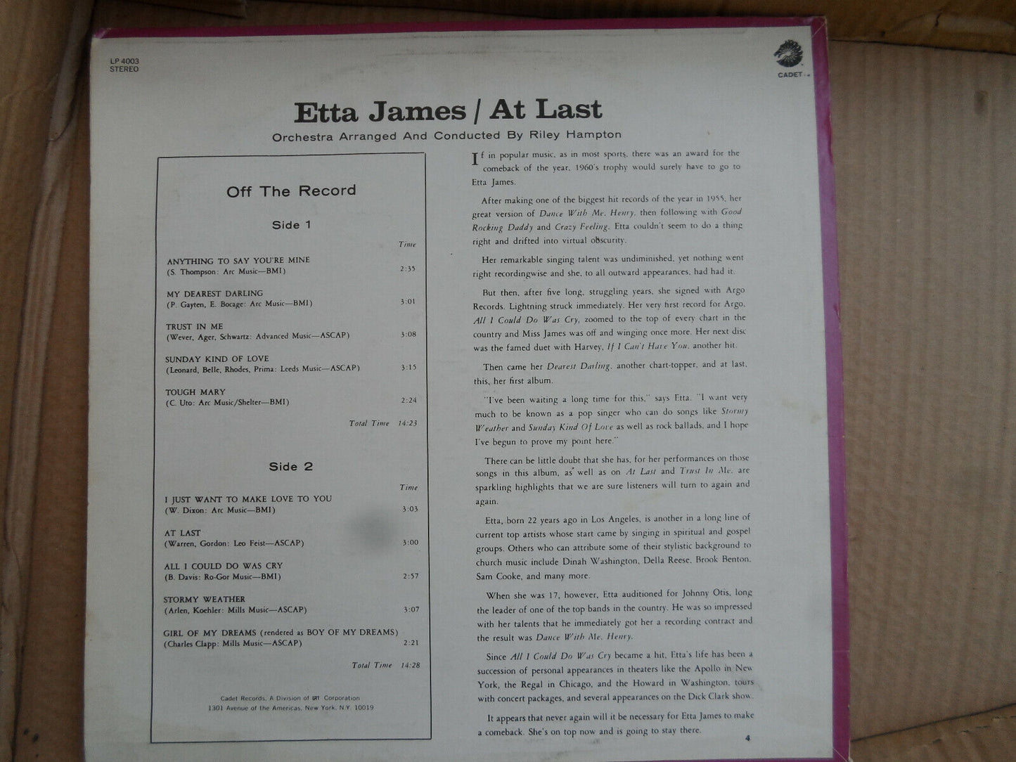 Etta James At Last Cadet VINYL LP AUTOGRAPHED