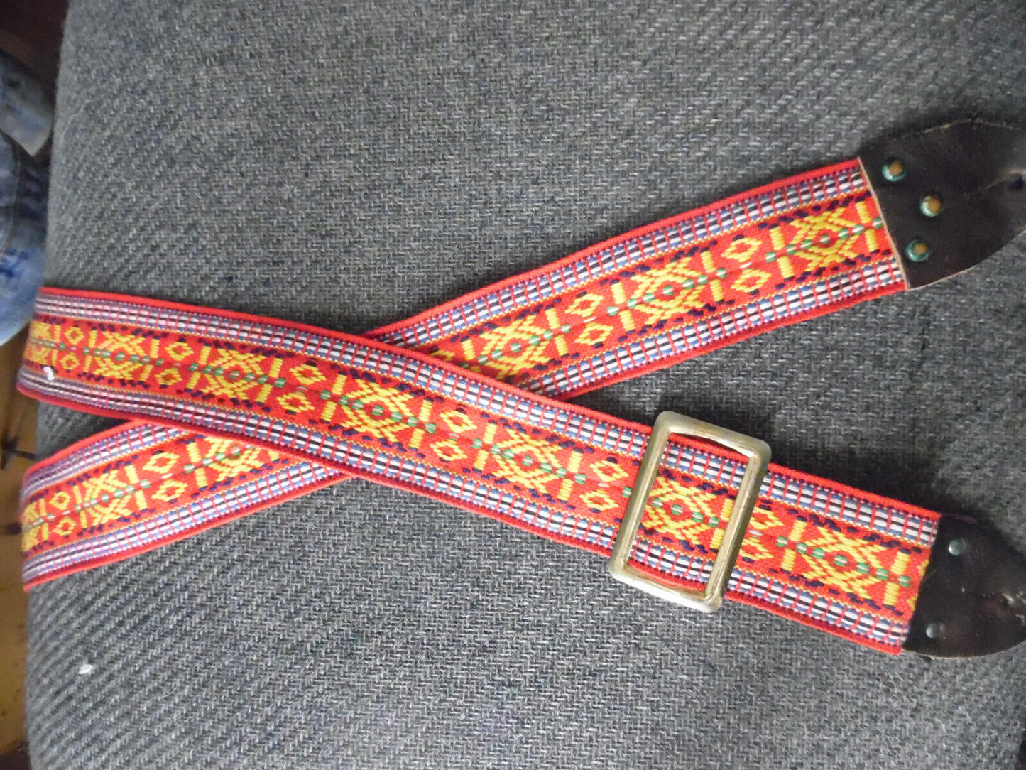 Vintage Hippie Woven Guitar Strap with Metal Buckle Leather ends Ace