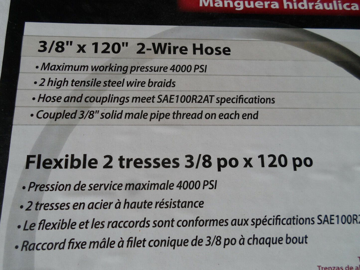 Hydraulic Hose 3/8" x 120" inch  2-Wire 3500 PSI